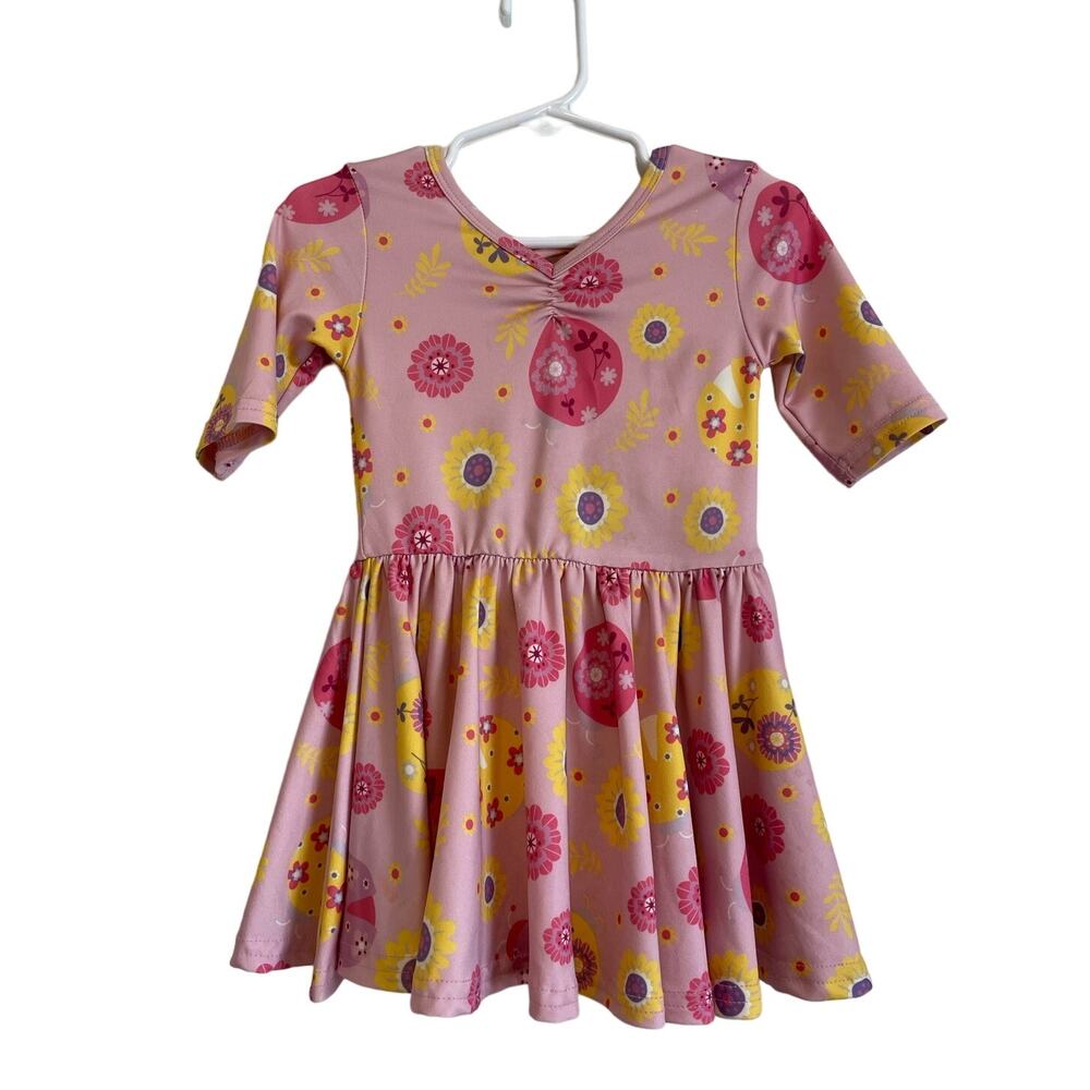 Dot Dot Smile pink floral ballerina dress 3/4 sleeve pleated stretch Size 12-24